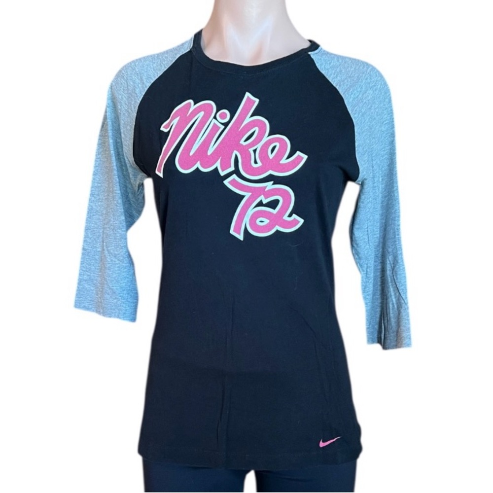 Nike Slim Fit Black and Gray Raglan Tee with Pink Logo 1/2 Sleeve